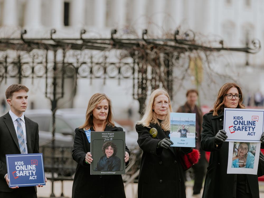 Members of advocacy group Parents for Safe Online Space rally after a hearing on Capitol Hill in January. The group supports proposed legislation that will hold tech companies accountable for limiting children's exposure to harmful online content.