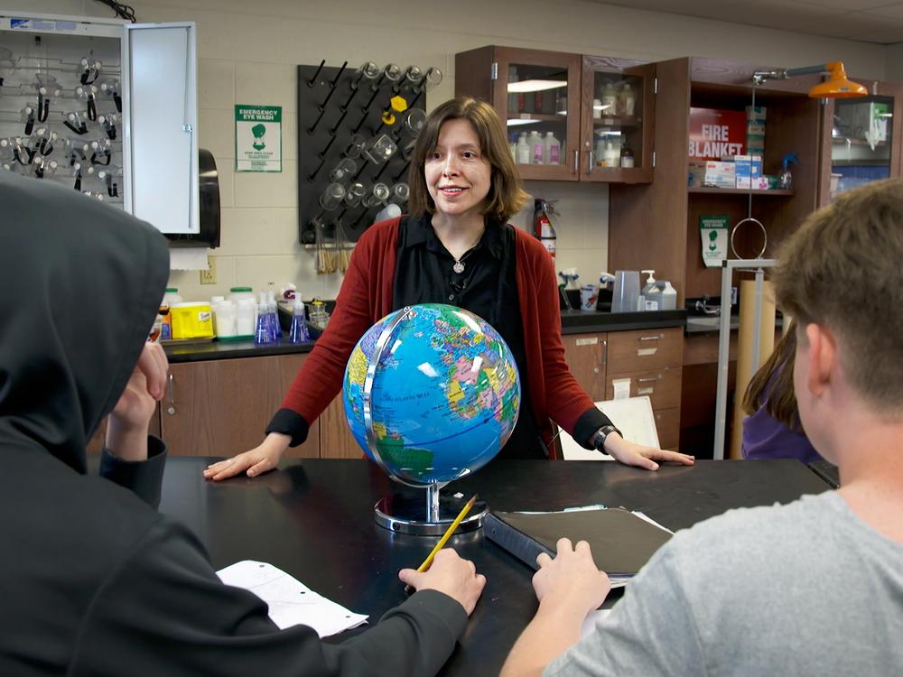 Bloomington High School South science teacher Kirstin Milks leads a lesson on human-caused climate change and technologies that could help reduce greenhouse gas emissions.