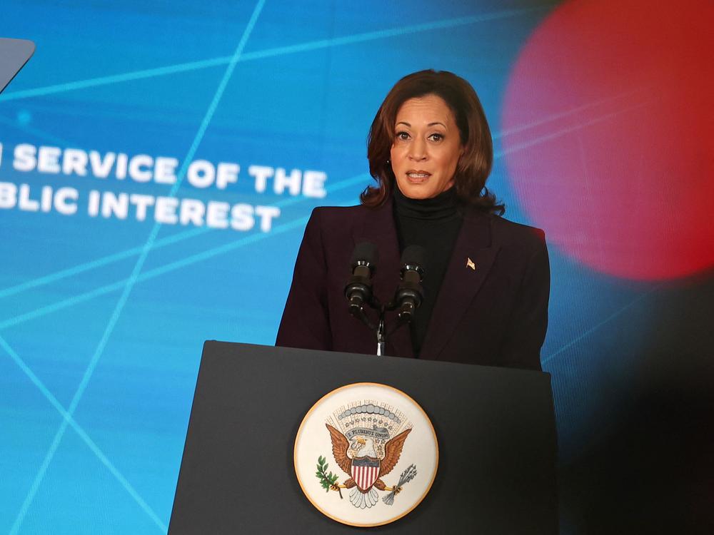 Vice President Harris delivers a speech on artificial intelligence in London on Nov. 1, 2023.