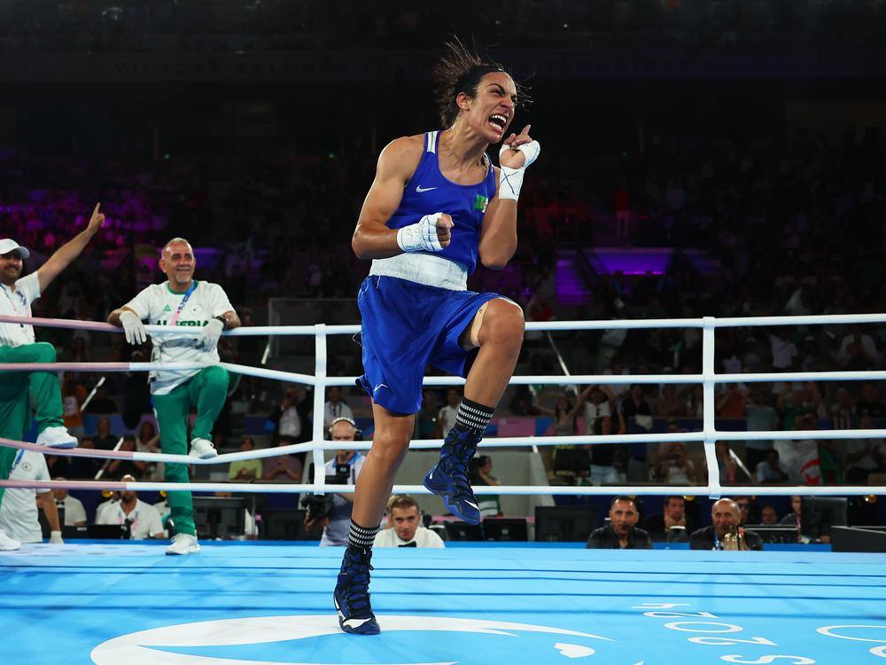 Imane Khelif of Team Algeria celebrates her victory against Janjaem Suwannapheng of Team Thailand in the Women's 66kg boxing semifinal. She'll compete for gold on Friday.