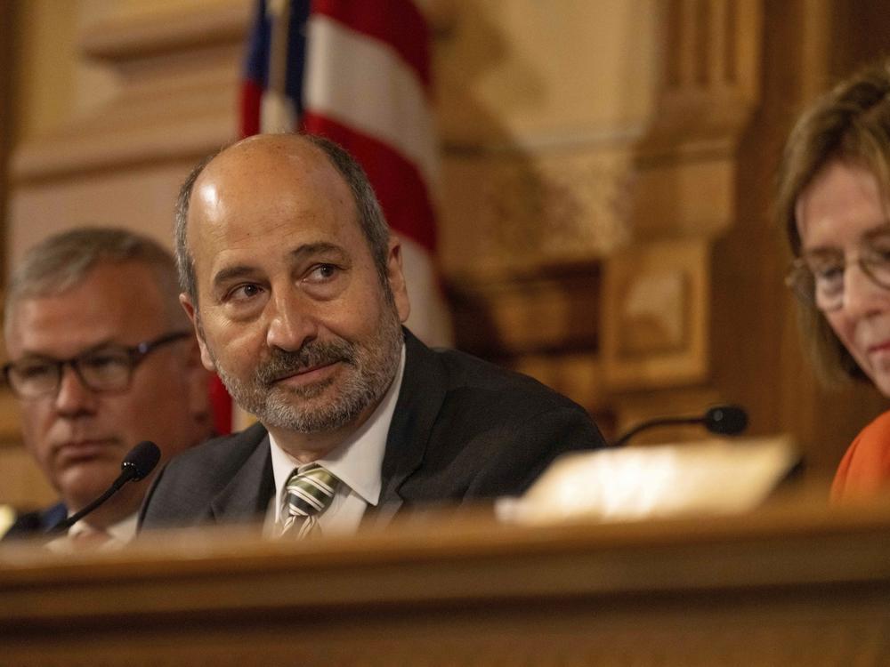 John Fervier, chairman of the Georgia State Election Board, listens during a meeting at the Capitol in Atlanta, Tuesday, Aug. 6, 2024. 