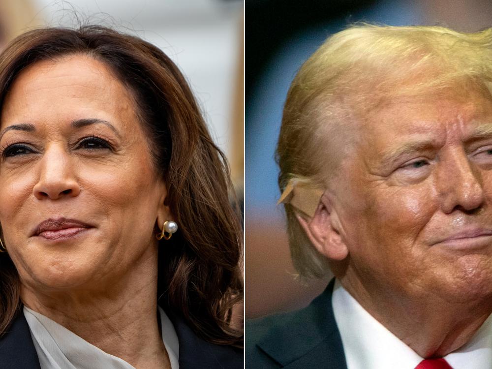 Left: U.S. Vice President Harris arrives for an NCAA championship teams celebration on the South Lawn of the White House on July 22 in Washington, D.C. Right: Republican presidential nominee and former President Donald Trump holds a rally at the Van Andel Arena on July 20 in Grand Rapids, Mich.