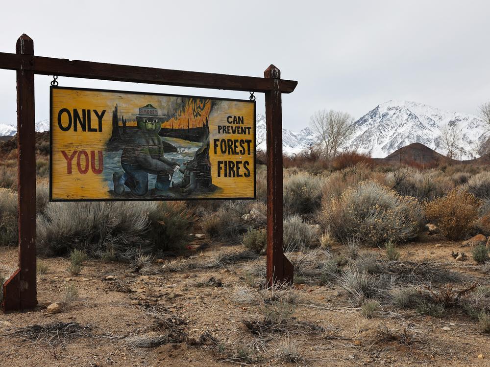 A Smokey the Bear forest fire prevention sign stands in front of snow blanketing the Sierra Nevada mountains after recent storms increased the snowpack on February 23, 2024 near Bishop, California.  (Photo by Mario Tama/Getty Images)