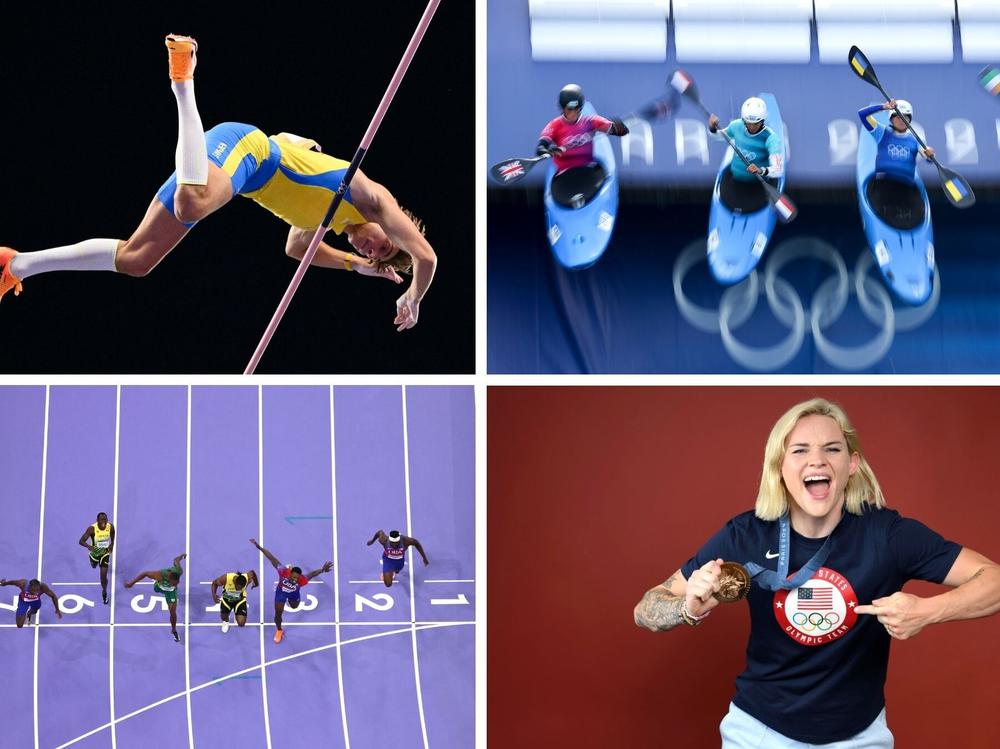  Clockwise from left, pole vaulter Armand Duplantis, the Canoe Slalom Women's Kayak Cross, women's rugby player Sammy Sullivan, and the Men's 100m Final.