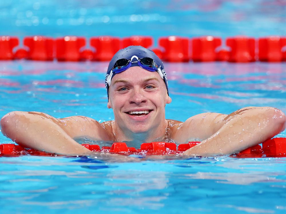 Léon Marchand reacts after competing in the Men’s 400m Individual Medley Heats on July 28, 2024.