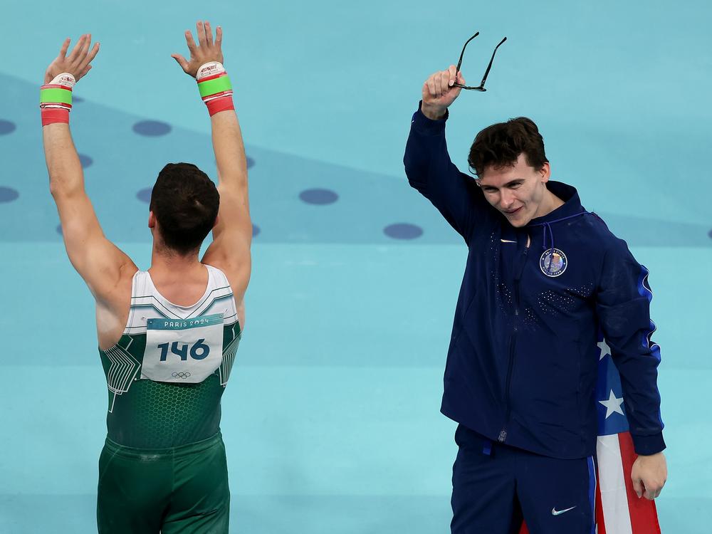 Stephen Nedoroscik celebrates after the Artistic Gymnastics Men's Pommel Horse Final on Aug. 3, 2024.