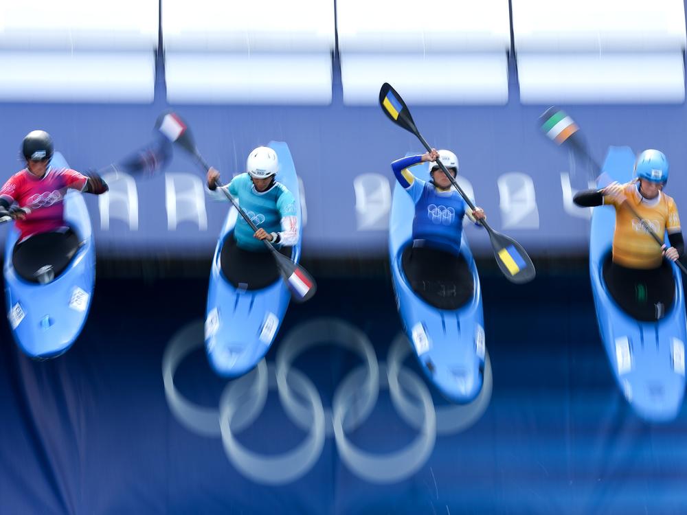 The beginning of the Canoe Slalom Women's Kayak Cross heats on Aug. 4, 2024.