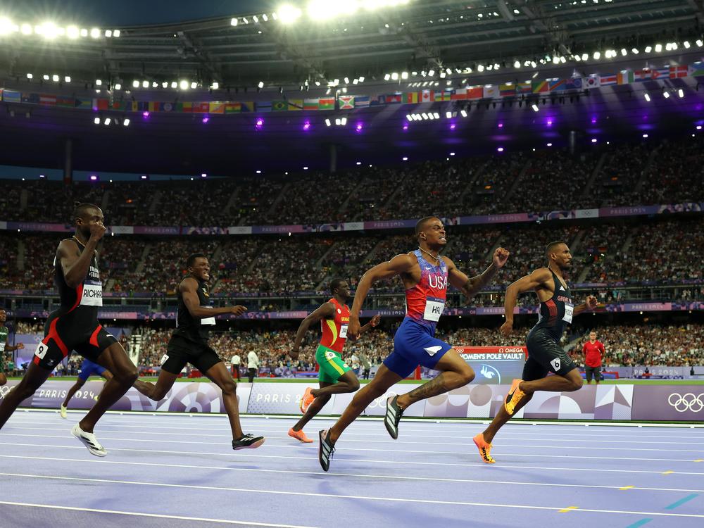 Quincy Hall on the home straight in the Men's 400m final on Aug. 7, 2024.