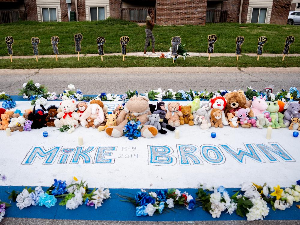 A memorial for Michael Brown Jr. stands on the site he was killed in 2014 by a white Ferguson police officer on Tuesday, Aug. 6, 2024, along Canfield Drive in Ferguson.