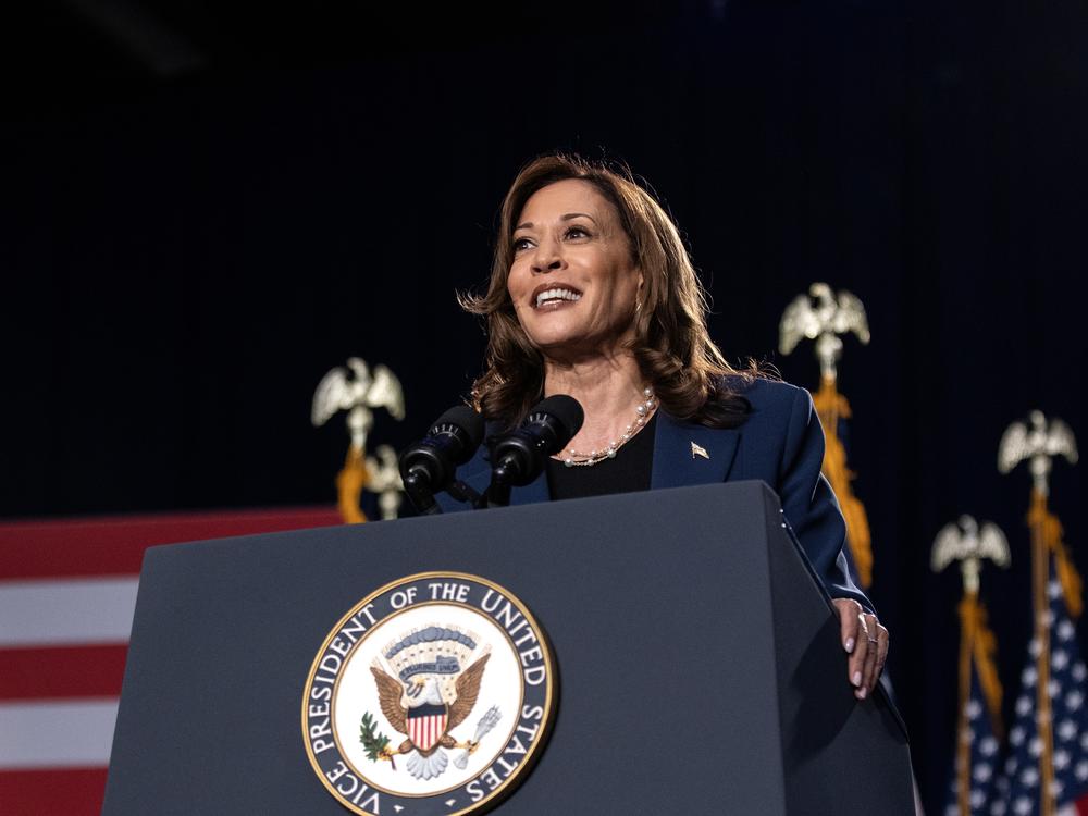 Vice President Harris speaks to supporters during a campaign rally at West Allis Central High School on July 23 in West Allis, Wis.