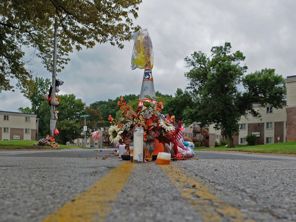 A makeshift memorial for Michael Brown stands in the street on Sept. 11, 2015, in Ferguson, Mo. Brown's death prompted nationwide protests and a White House report on American policing.