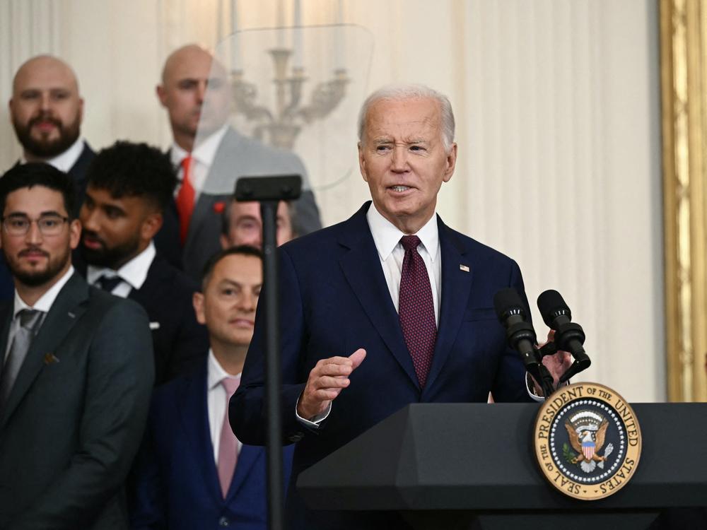 President Joe Biden speaks as he welcomes the Texas Rangers to celebrate their 2023 World Series championship at the White House on Aug. 8.