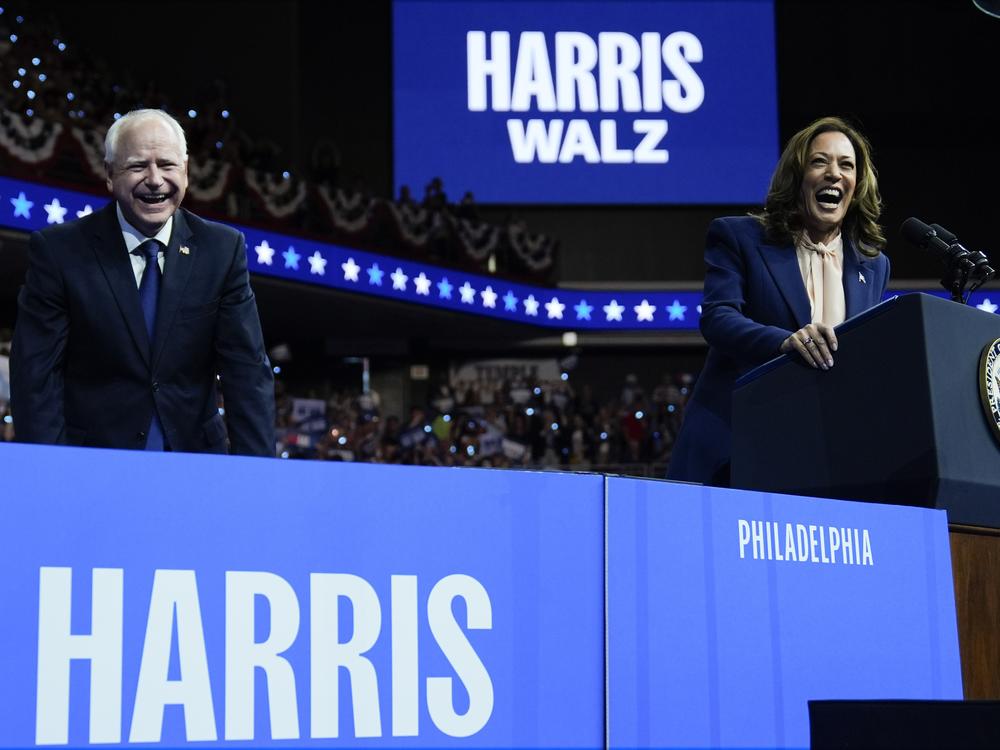 Democratic presidential nominee Vice President Kamala Harris and her running mate Minnesota Gov. Tim Walz speak at a campaign rally in Philadelphia, Tuesday, Aug. 6.