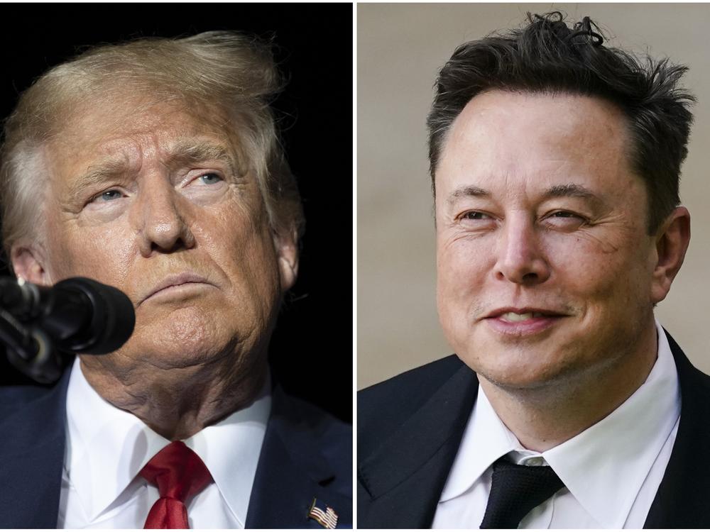 This combination of photos shows former President Donald Trump during rally in Minden, Nev., Oct. 8, 2022, left, and Elon Musk in Wilmington, Del., July 12, 2021.