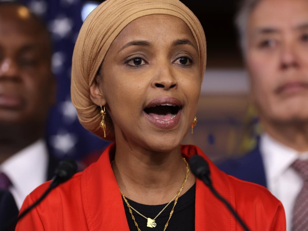 In this file photo, Rep. Ilhan Omar, D-Minn., speaks during a news conference at the U.S. Capitol on September 20, 2023 in Washington, DC. 