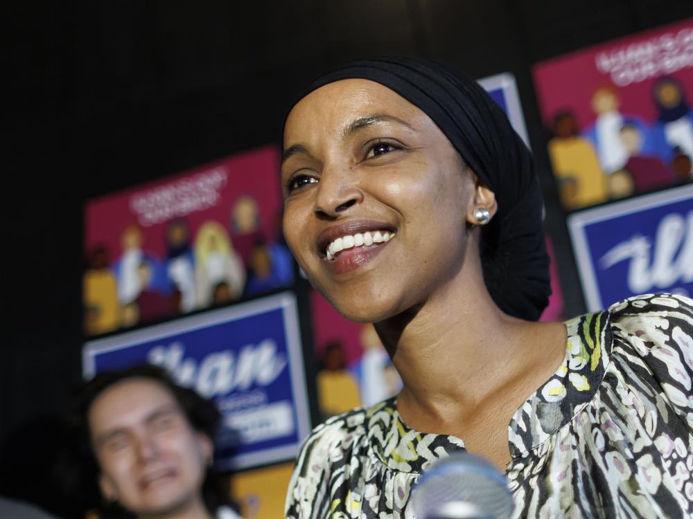 Rep. Ilhan Omar speaks after winning the primary at Nighthawks in Minneapolis, Minnesota, on Tuesday, Aug. 13, 2024.