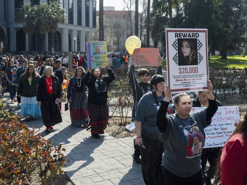 The Federal Communications Commission announced its plans to launch a new nationwide alert code for missing and endangered Indigenous people who do not fit the criteria for an Amber Alert or Silver Alert. Here, family and friends of the missing and murdered march around the California State Capitol at the second annual Missing and Murdered Indigenous People Summit and Day of Action in Sacramento, Calif., on Feb. 13.