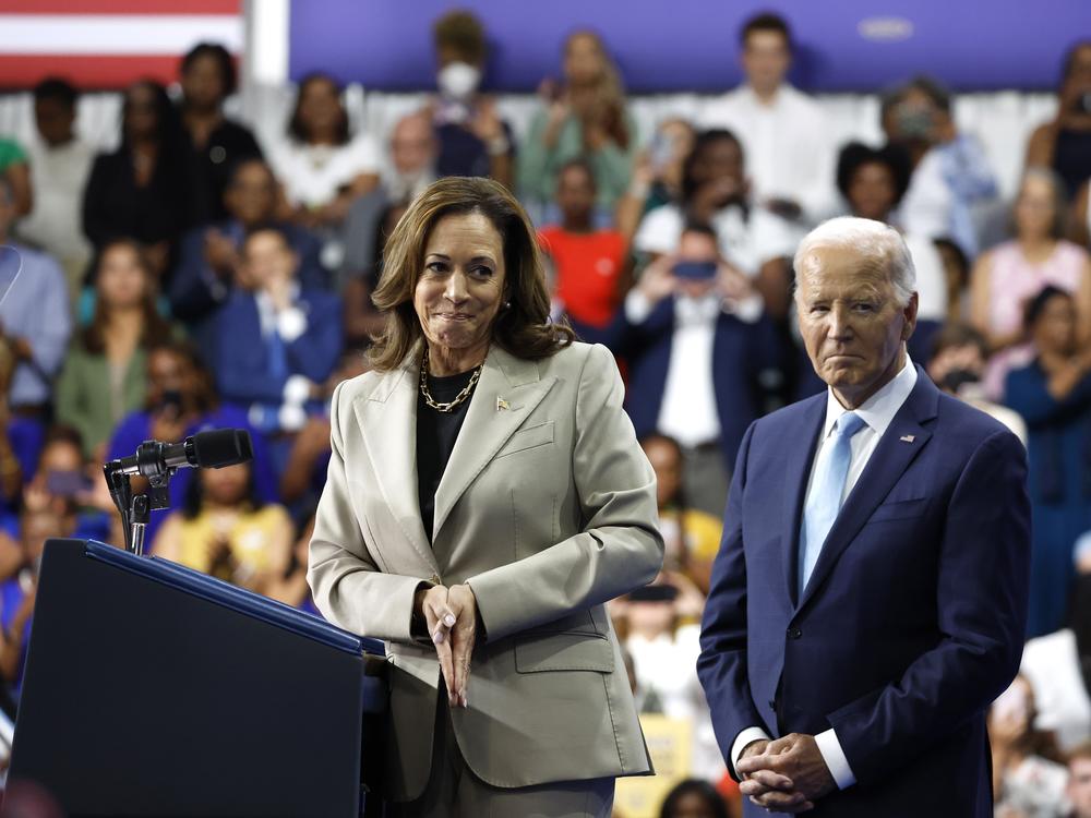 Vice President Harris speaks about prescription drug prices with President Biden on Aug. 15, 2024 in Largo, Md. 