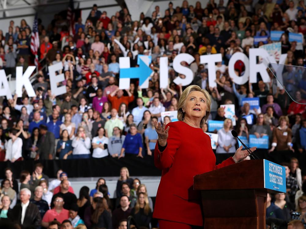 Former Secretary of State Hillary Clinton speaks during a Nov. 8, 2016 campaign rally in Raleigh, N.C.