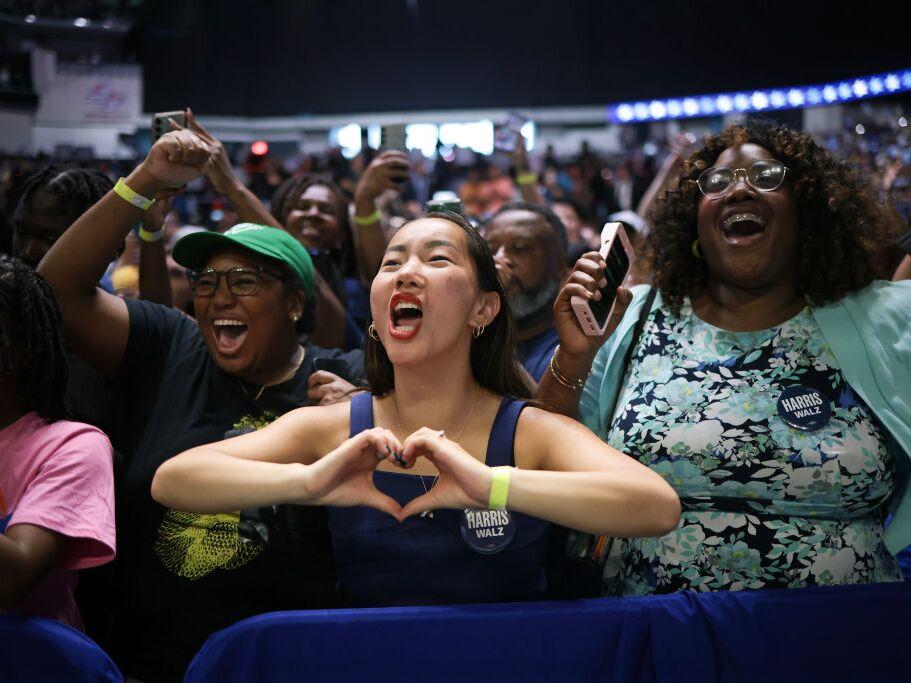 Supporters react to Vice President Harris at a campaign rally in Savannah, Ga., on Aug. 29. 