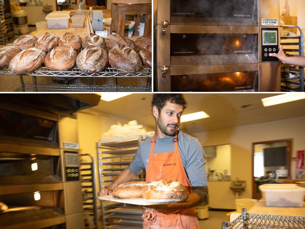 Morgan pulls two styles of 100% whole grain sourdough bread from the oven. They're made with different Climate Blend flours. One, sourced from the Kisler's farm, is a deep purplish red and makes a strikingly colored loaf. The Blends are made from mixes of different types of whole wheat, developed specifically to withstand the increasingly intense weather brought on by human-caused climate change.