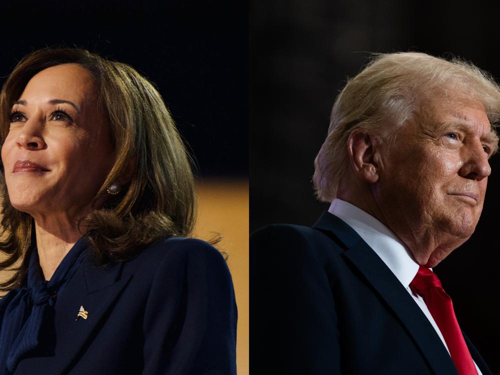  Left: Vice President Kamala Harris delivers a speech as she accepts the party's nomination to be its presidential candidate at the Democratic National Convention at the United Center on Aug. 22, 2024. Right: U.S. Republican Presidential nominee former President Donald Trump arrives to speak during a rally at Herb Brooks National Hockey Center on July 27, 2024 in St Cloud, Minnesota.