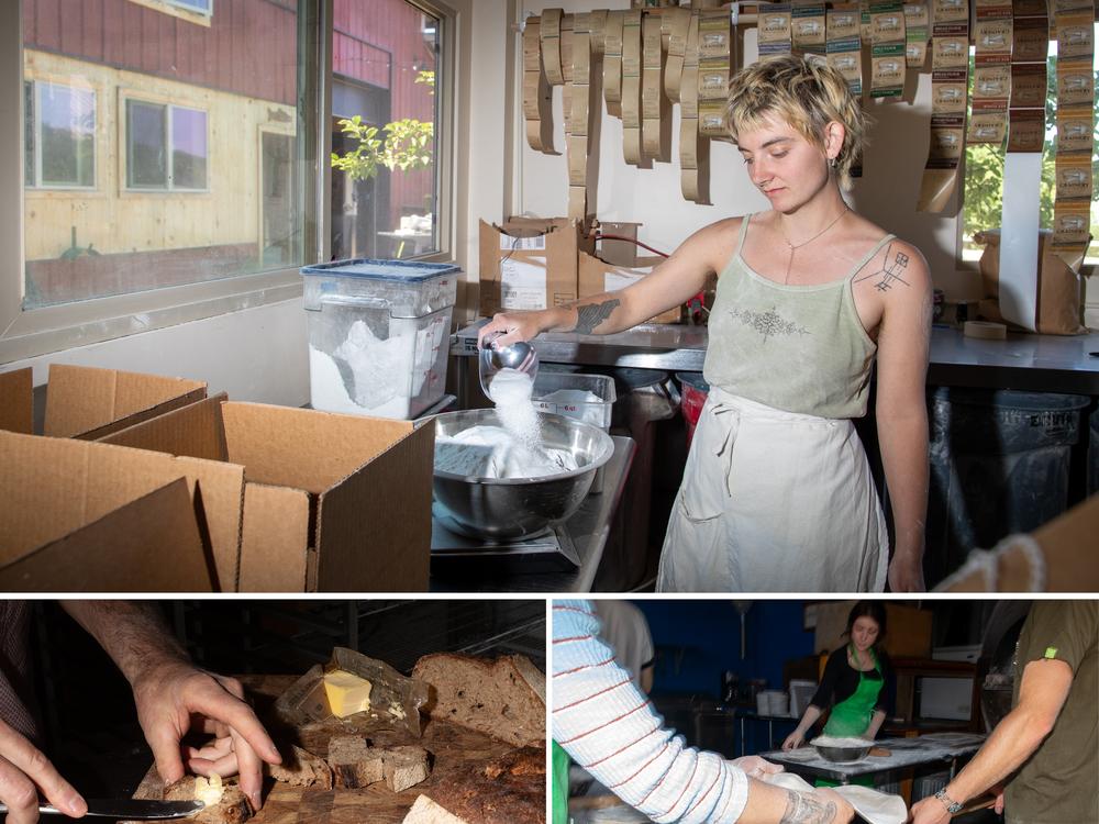 Caitlin Faircloth packages flour. The flour from the grainery is delivered locally to end up in foods from oat spelt bread (bottom left) to the pizza dough made by Dented Buoy Wood Fired Pizza (bottom right).