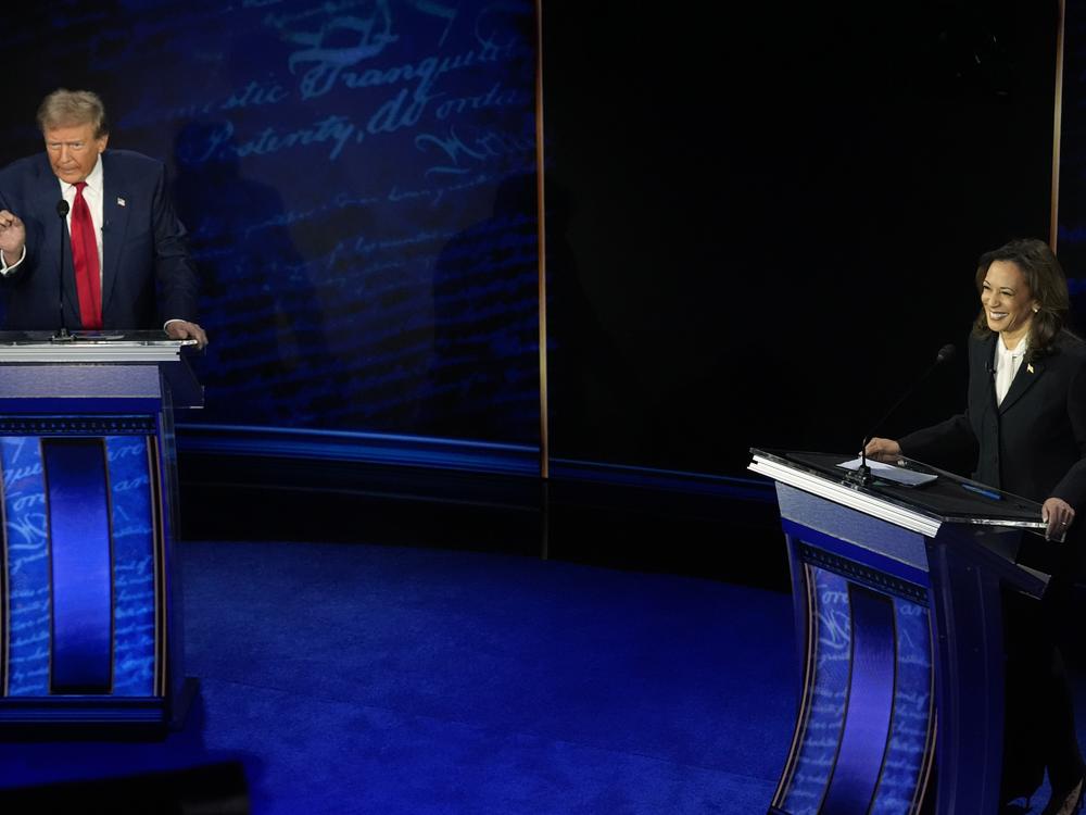 Former President Donald Trump, the Republican presidential nominee, and Vice President Kamala Harris, the Democratic nominee, participate during ABC News' presidential debate Tuesday at the National Constitution Center in Philadelphia.