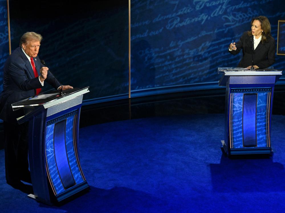 Vice President and Democratic presidential candidate Kamala Harris and former US President and Republican presidential candidate Donald Trump speak during a presidential debate at the National Constitution Center in Philadelphia, Pennsylvania, on Sept. 10, 2024.