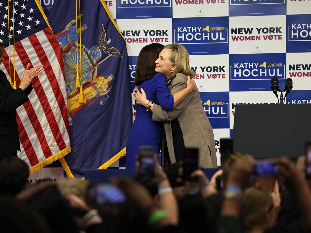 Vice President Kamala Harris claps as Gov. Kathy Hochul and Secretary Hillary Rodham Clinton embrace at the conclusion of a New York Women “Get Out The Vote” rally on November 03, 2022.