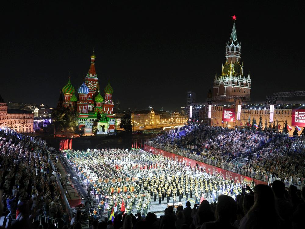 Military musicians perform in Moscow's Red Square on Sept. 1, 2024. Researchers at Microsoft say Russia is pivoting its online influence operations to focus on Vice President Kamala Harris and her running mate, Gov. Tim Walz of Minnesota, in the final stretch of the election.