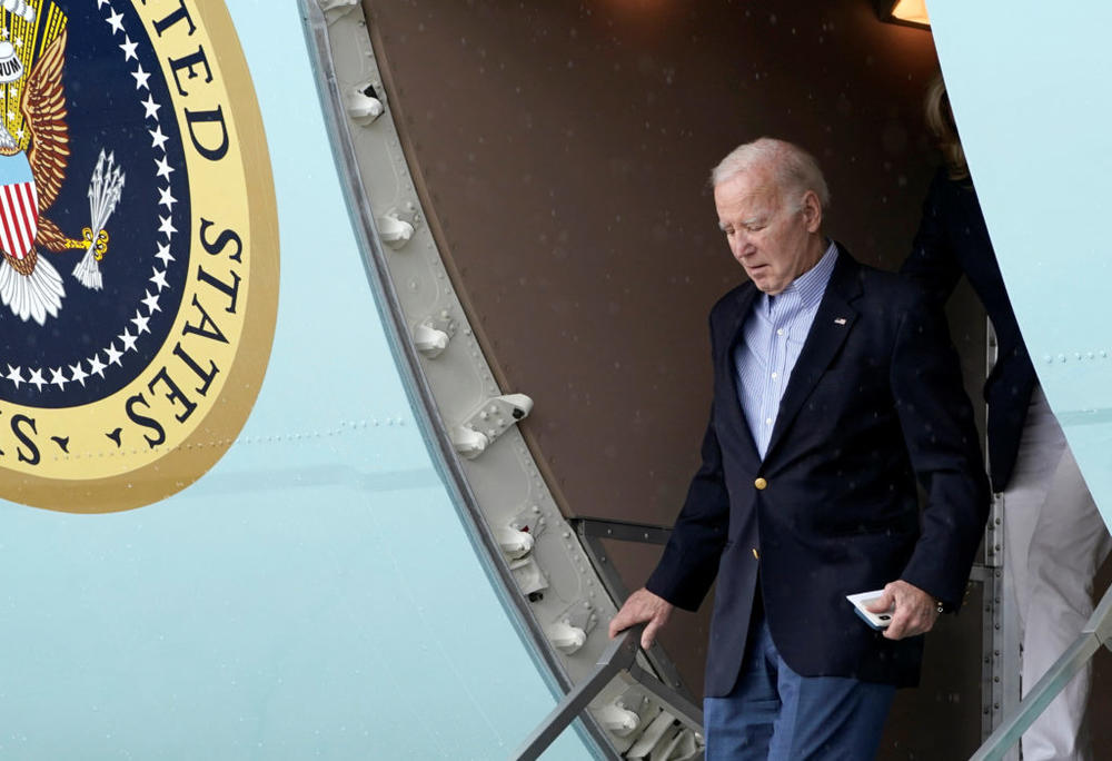 FILE PHOTO: U.S. President Joe Biden disembarks from Air Force One at Henry E. Rohlsen Airport, St. Croix, U.S. Virgin Islands, U.S., December 27, 2023. REUTERS/Elizabeth Frantz