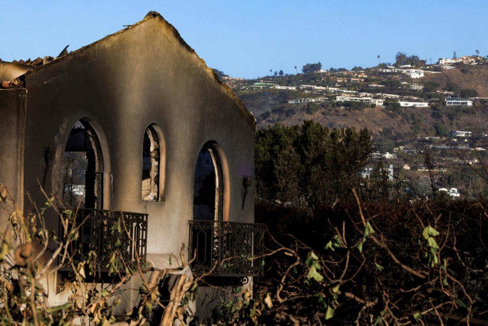 FILE PHOTO: Walls remain from a building which burned following the Palisades Fire in the Pacific Palisades neighborhood in Los Angeles, California, U.S. January 15, 2025. REUTERS/Mike Blake/File Photo