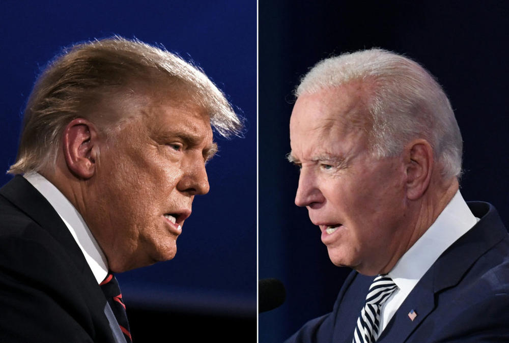 This combination of pictures created on September 29, 2020 shows US President Donald Trump (L) and Democratic Presidential candidate former Vice President Joe Biden squaring off during the first presidential debate at the Case Western Reserve University and Cleveland Clinic in Cleveland, Ohio on September 29, 2020. (Photo by JIM WATSON and SAUL LOEB / AFP) (Photo by JIM WATSONSAUL LOEB/AFP via Getty Images)
