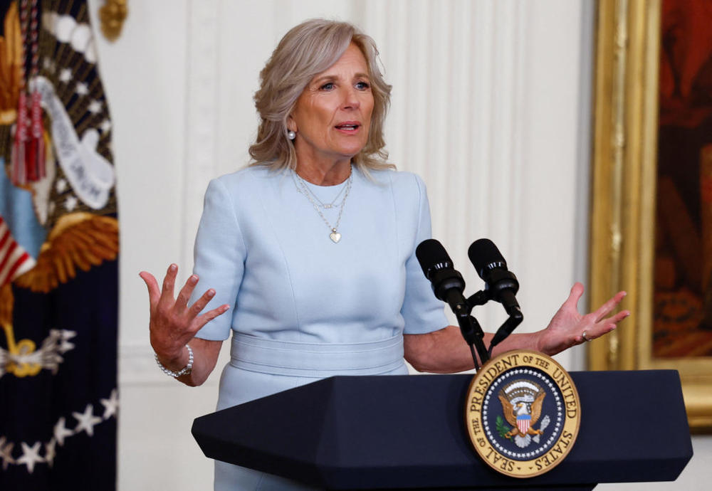FILE PHOTO: U.S. first lady Jill Biden speaks during a Jewish American Heritage Month celebration at the White House in Washington, U.S., May 16, 2023. Photo by Evelyn Hockstein/REUTERS