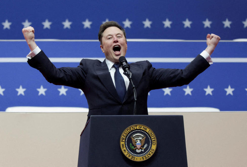 FILE PHOTO: Elon Musk speaks during a rally at President Donald Trump's second inauguration, in Washington, D.C., Jan. 20, 2025. Photo by Mike Segar/Reuters