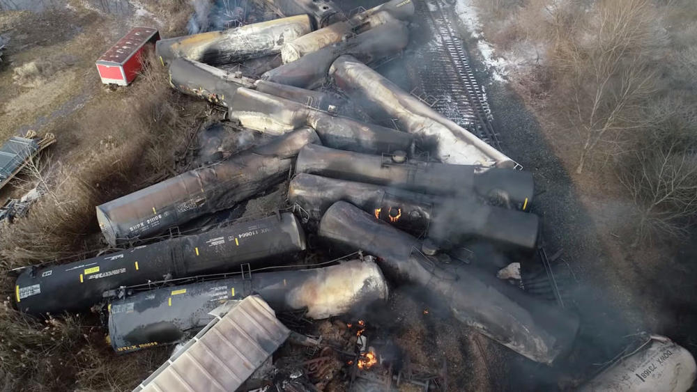 Drone footage shows the freight train derailment in East Palestine, Ohio, U.S., February 6, 2023 in this screengrab obtained from a handout video released by the NTSB. NTSBGov/Handout via REUTERS