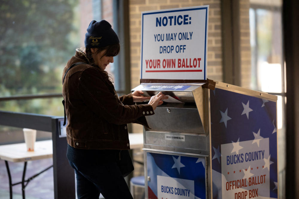 A Bucks County resident drops off a mail-in ballot in Doylestown, Pennsylvania, U.S., October 24, 2022. REUTERS/Hannah Beier