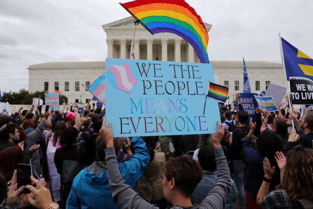 LGBT activists and supporters hold a rally outside the U.S. Supreme Court as it hears arguments in a major LGBT rights case on whether a federal anti-discrimination law that prohibits workplace discrimination on the basis of sex covers gay and transgender employees in Washington, U.S., October 8, 2019. Photo by Jonathan Ernst/REUTERS