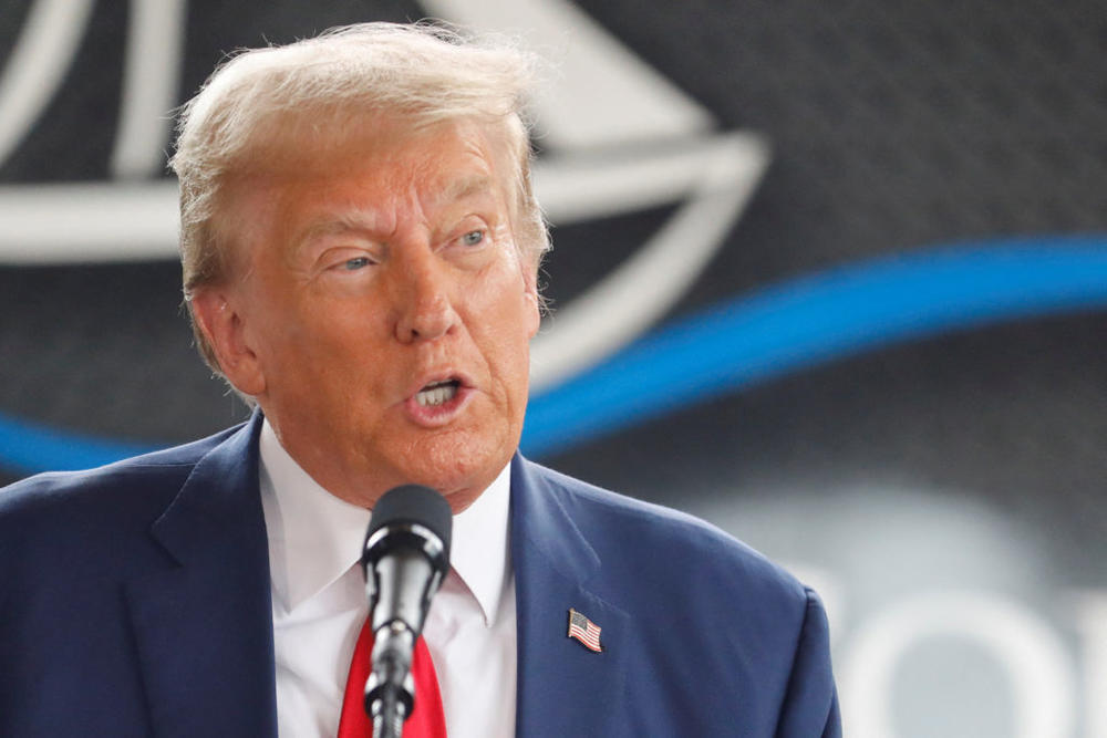 Republican presidential nominee and former President Donald Trump speaks to the press about the impact of Hurricane Helene in Evans, Georgia, on Oct. 4, 2024. Photo by Octavio Jones/ Reuters