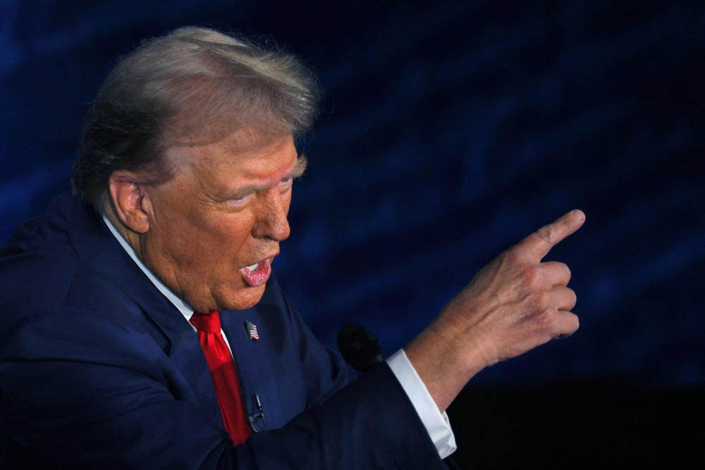 Republican presidential nominee, former U.S. President Donald Trump speaks during a presidential debate hosted by ABC with Democratic presidential nominee, U.S. Vice President Kamala Harris, in Philadelphia, Pennsylvania, U.S., September 10, 2024. REUTERS/Brian Snyder