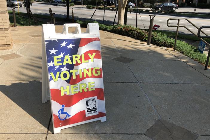 A voting sign outside of a polling location in Atlanta.