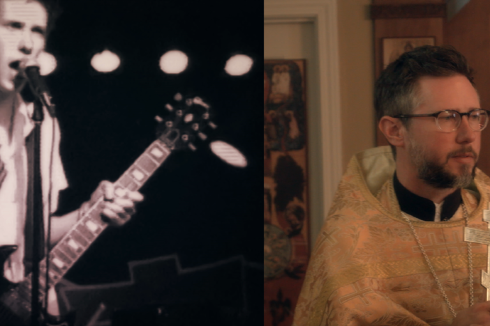 L: Luxury singer Lee Bozeman holds mic and points at audience from the stage, c. 2001. R: Luxury singer, Lee Bozeman (Father David Bozeman) conducting Liturgy in Orthodox Church.