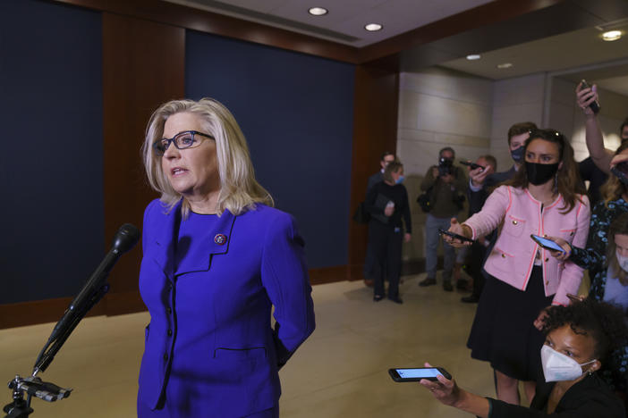 ep. Liz Cheney, R-Wyo., speaks to reporters after House Republicans voted to oust her from her leadership post as chair of the House Republican Conference.