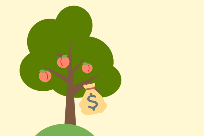 An illustration of a peachtree with a moneybag in it.