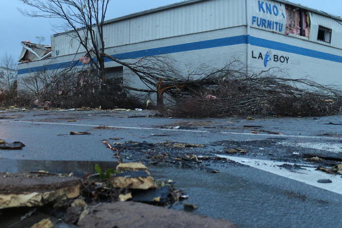 Local store damaged following deadly tornado in Newnan, Georgia on March 26, 2021.