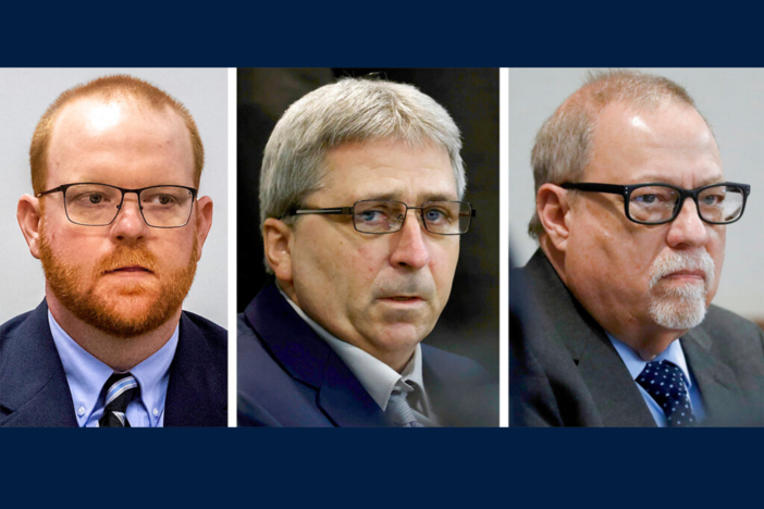 This photo combo shows, from left, Travis McMichael, William "Roddie" Bryan, and Gregory McMichael during their trial at at the Glynn County Courthouse in Brunswick, Ga. Jurors on Wednesday, Nov. 24, 2021 convicted the three white men charged in the death of Ahmaud Arbery, the Black man who was chased and fatally shot while running through their neighborhood in an attack that became part of the larger national reckoning on racial injustice.