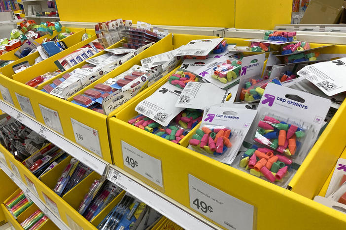 Bins are filled with packages of erasers large and small in the school supply section of a Target store Wednesday, July 20, 2022, in Aurora, Colo. (AP Photo/David Zalubowski)