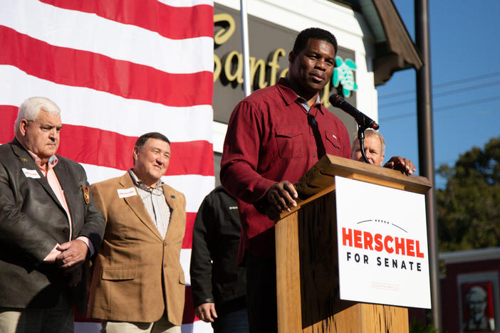 Republican U.S. Senate candidate Herschel Walker holds a rally in Macon, Georgia, on Oct. 20, 2022. Walker was joined by local county sheriffs, Republican Party chairmen, and U.S. Senators Rick Scott from Florida, Roger Marshall from Kansas and Steve Daines from Montana.