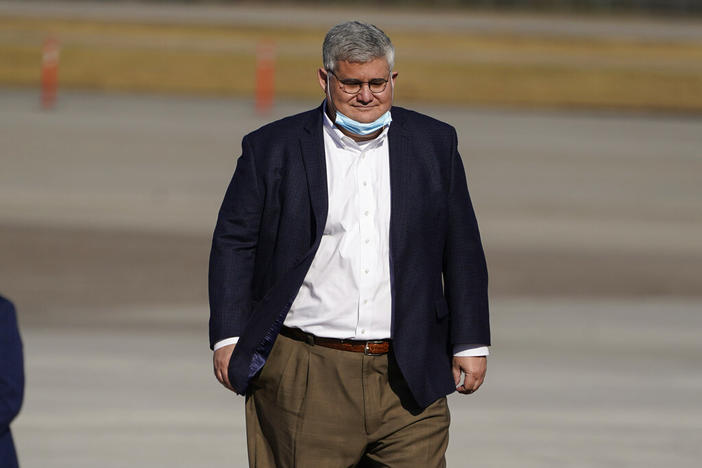 David Shafer, chairman of the Georgia Republican Party, arrives before Vice President Mike Pence speaks during a "Save the Majority" rally, Thursday, Dec. 10, 2020 in Augusta, Ga. A judge says Shafer can't share lawyers with 10 other fake electors in matters related to a special grand jury probing possible illegal meddling in the 2020 election. 